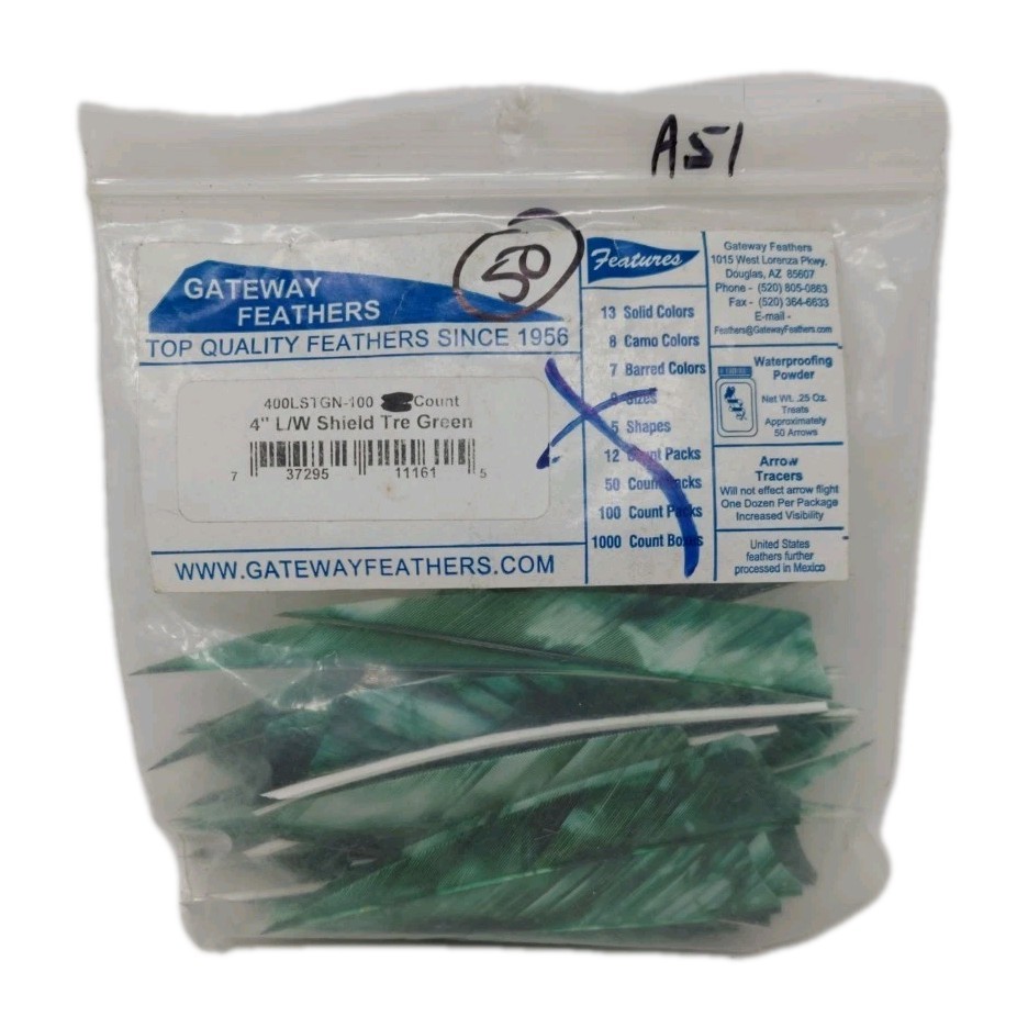 50 Count Gateway Archery Arrow Feathers 4" Left Wing: Shield Camo Tre Green