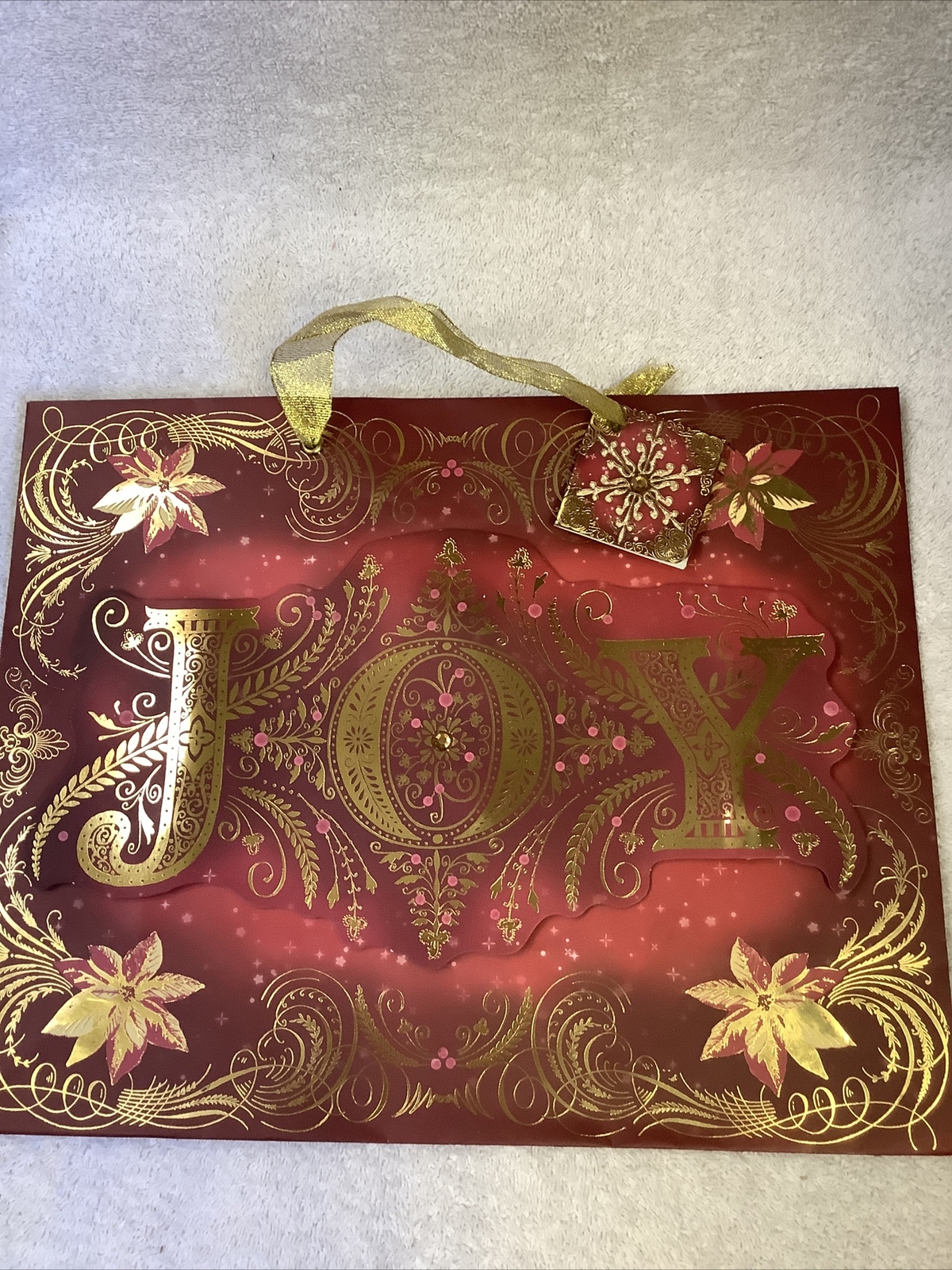 GIFT BAG RED & GOLD POINSETTIA "JOY" NEW 14 X 11 IN