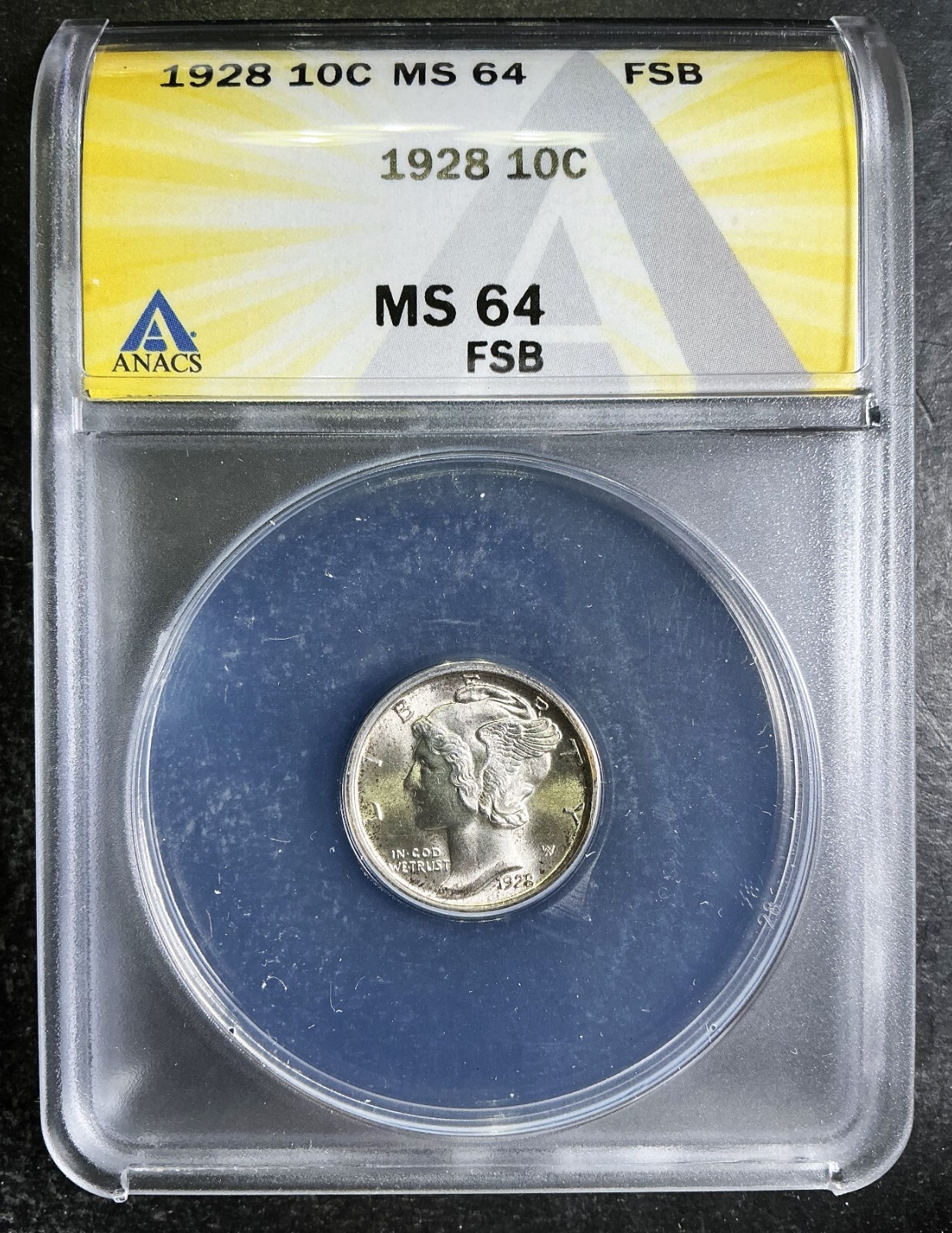 ANACS MS64 FSB 1928-P Mercury Dime CHOICE BU Blast White Certified Silver AI