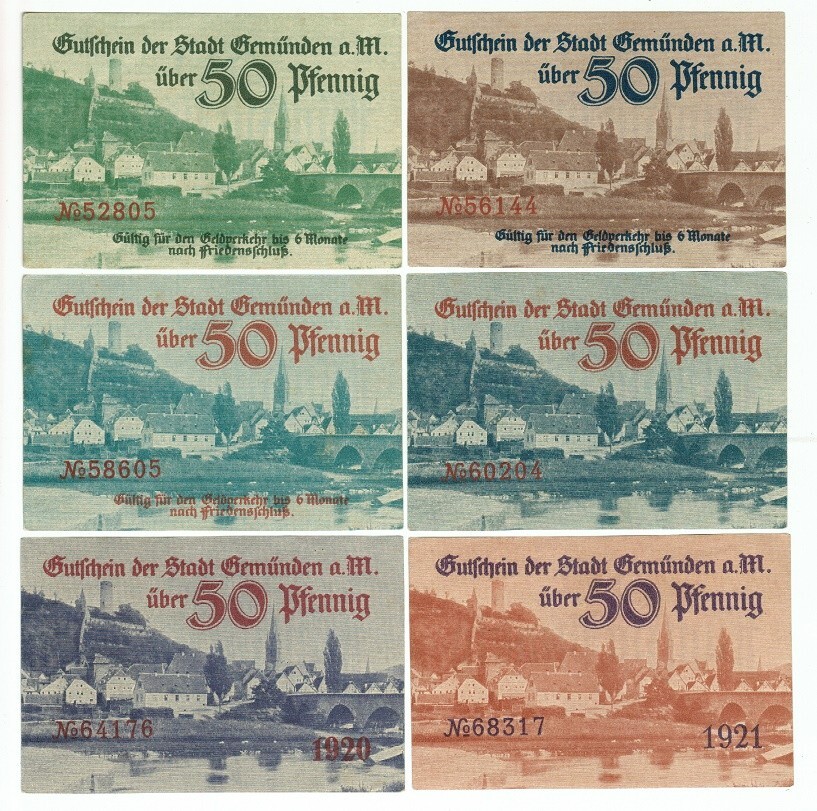 SET OF 6 GERMANY NOTGELD 50 PFENNIG STADT-GEMUNDEN 1918 1920 1921