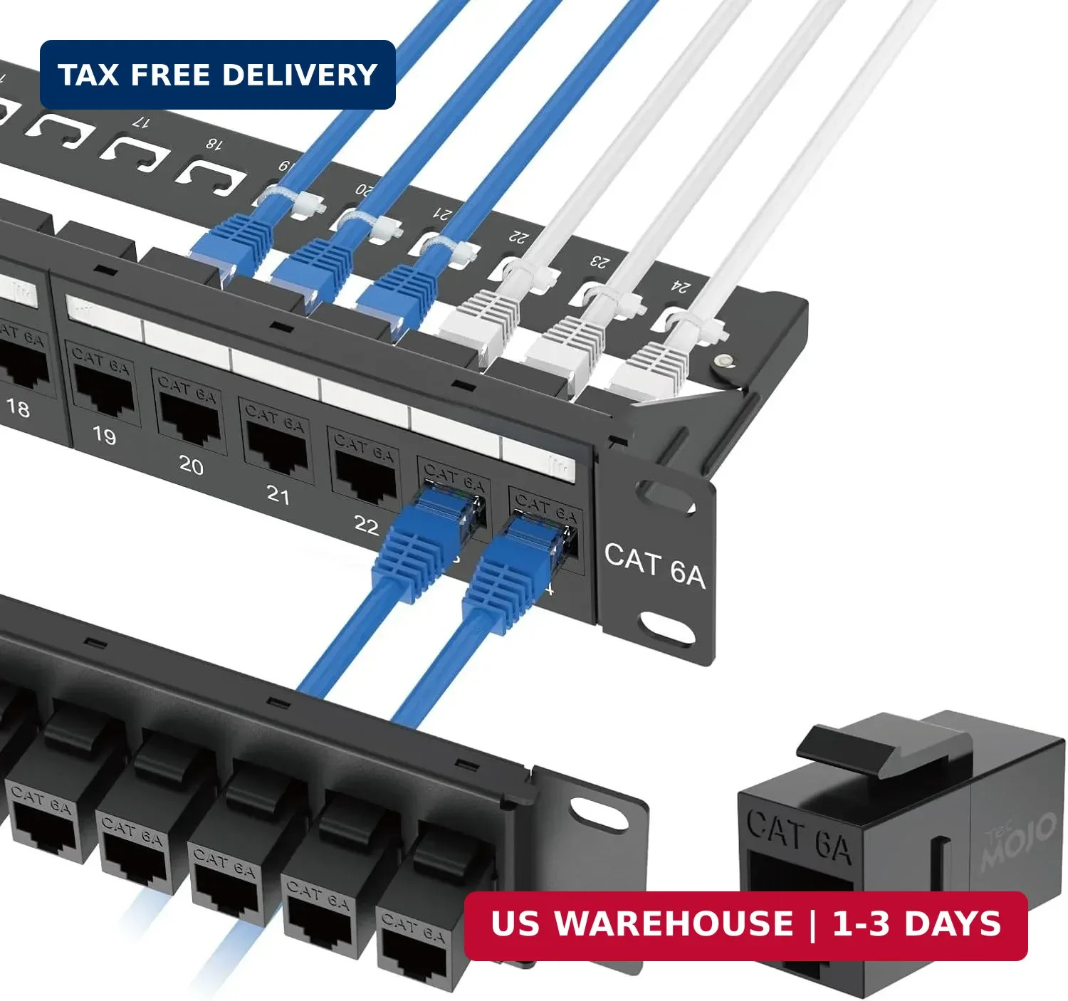 UL Listed 24-Port Cat6A UTP Patch Panel with Lnline Keystone Couplers, 1