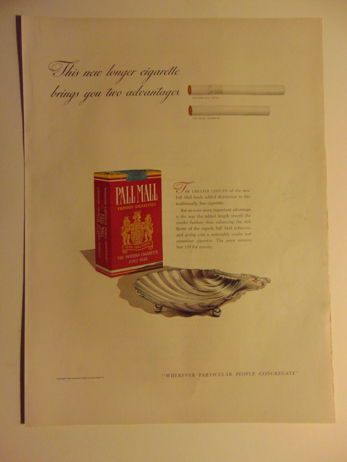 1940 PALL MALL Cigarettes vintage print ad