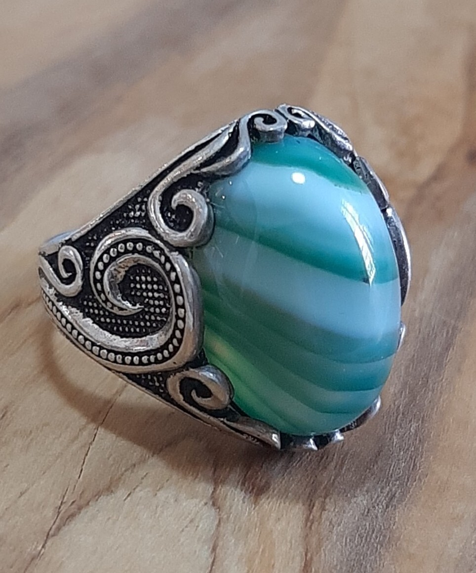 925 Silver Ring Solitaire Seal Rainbow Agate Ring Man Sterling Agate $