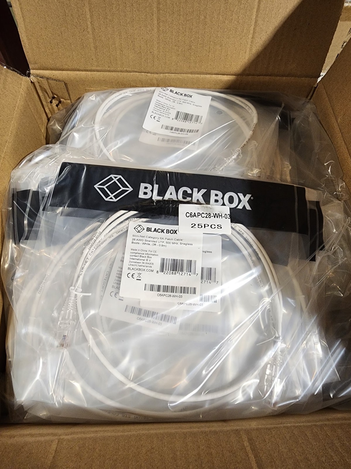 100 Pack 3ft White Black Box Slim-Net Cat 6A Patch Cable 28AWG UTP Snagless