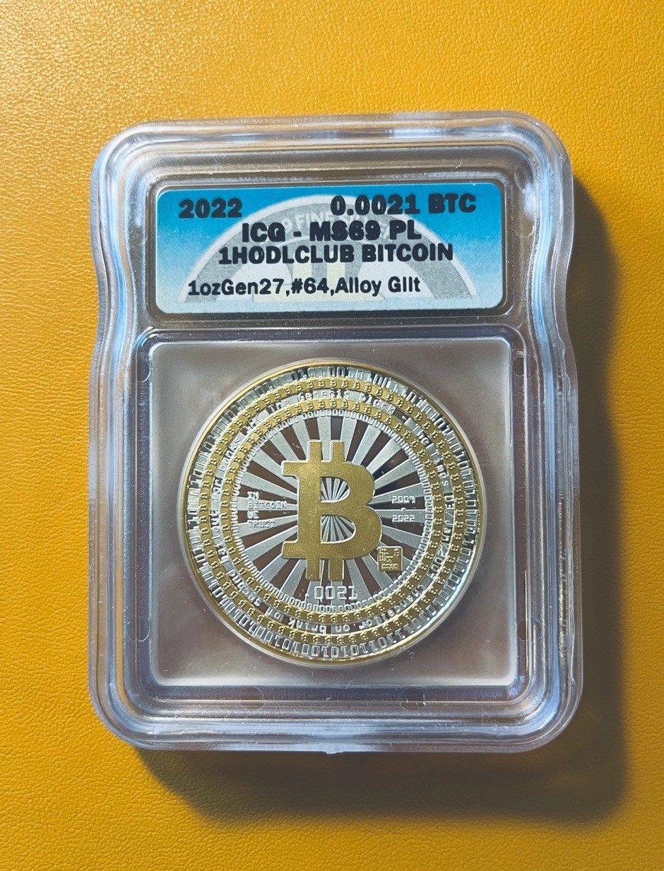 1HodlClub 0.0021 Bitcoin Crypto-Collectible 2022 No. 64, MS69 ICG
