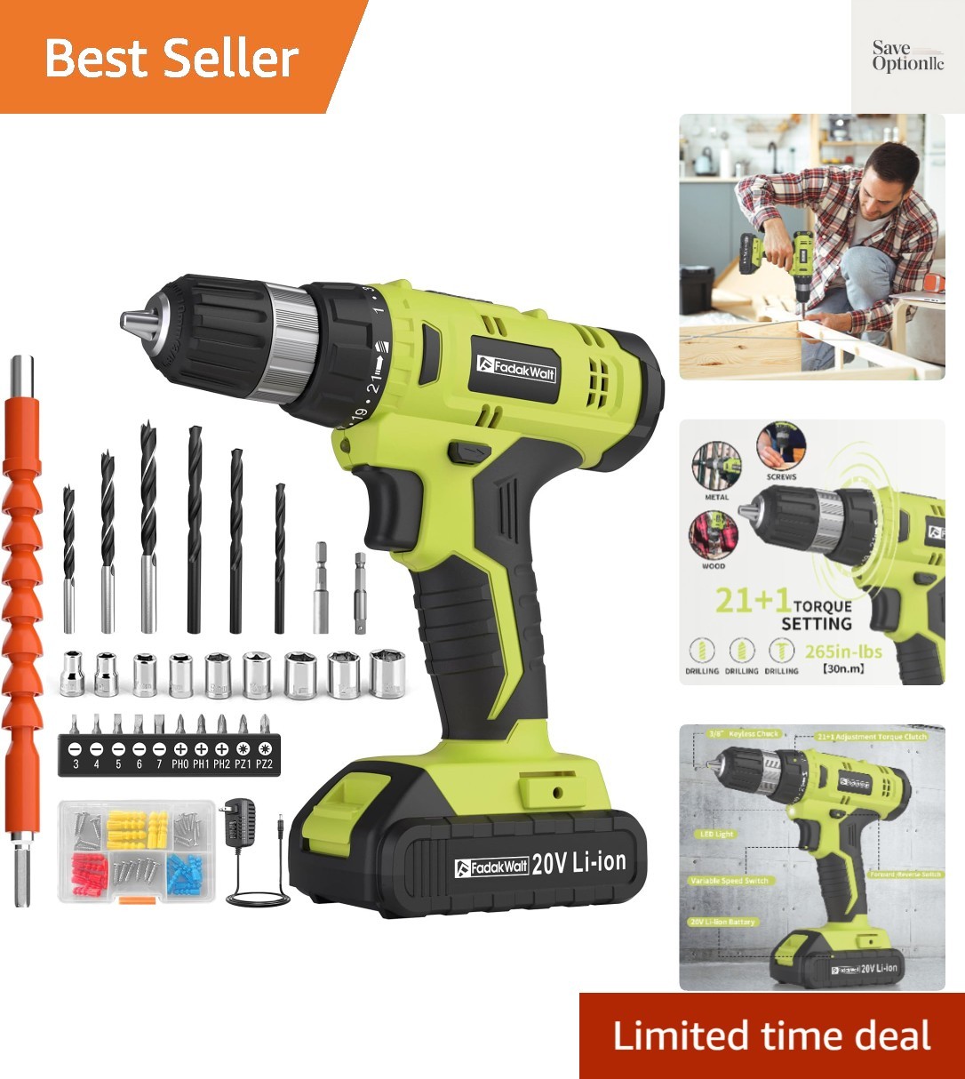 Cordless Drill Set, 20V Electric Power Drill with Battery And Charger, Torque...