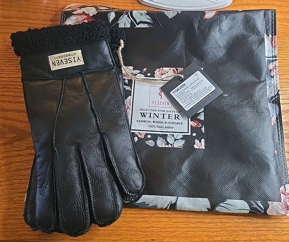 YISEVEN Leather Black Sheepskin Gloves Men's M