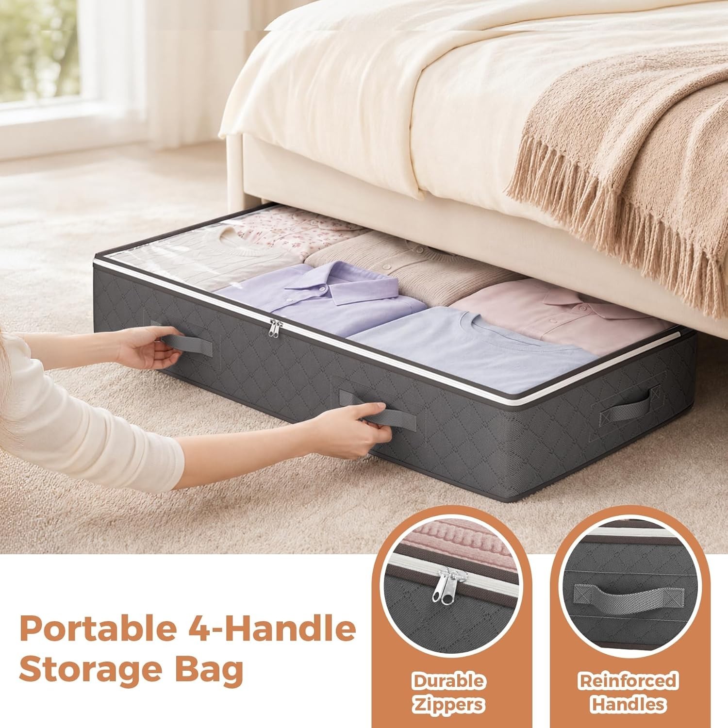 90L Under Bed Storage Containers, 4 Pack Closet Organizers Grey | Foldable un...