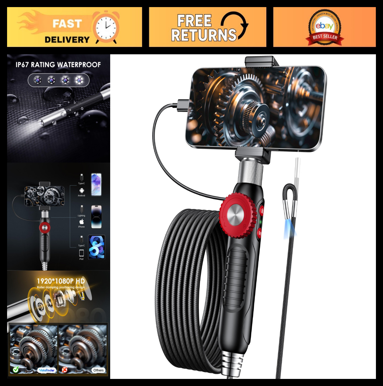 1080P HD Two-Way Endoscope Camera, 360° Rotation, IP67 Waterproof, 6.2mm Lens fo