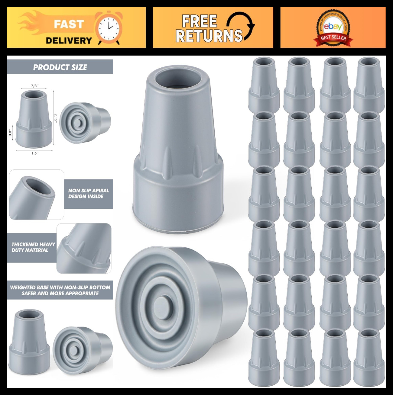 24 Pcs Heavy Duty Non-Slip Rubber Crutch Tips 7/8" Replacement Feet for Canes &