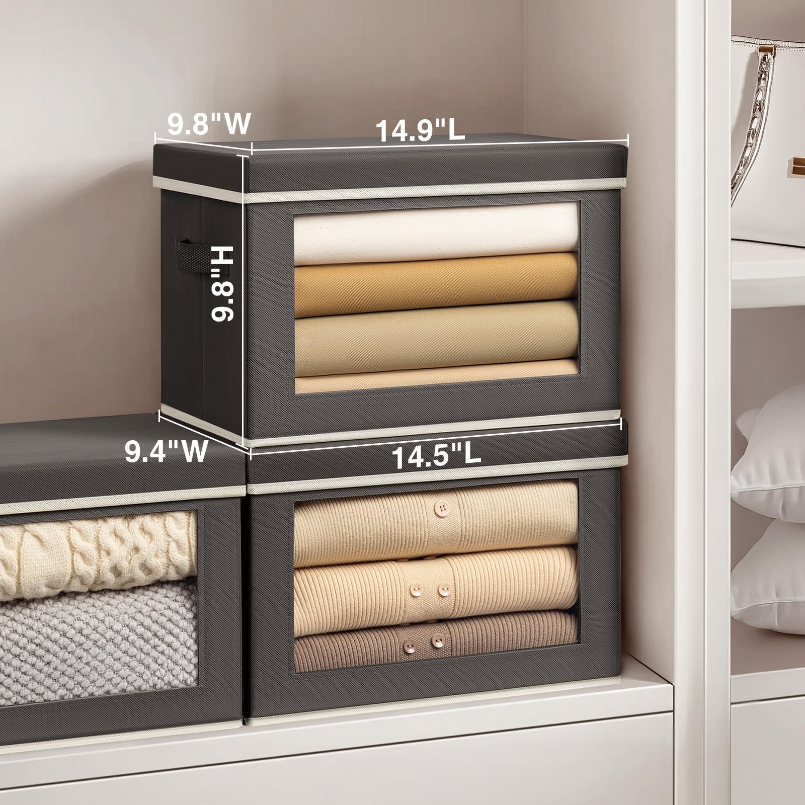 Collapsible Storage Bins with Lids, Handles, Window, 3~Pack, Dark Grey