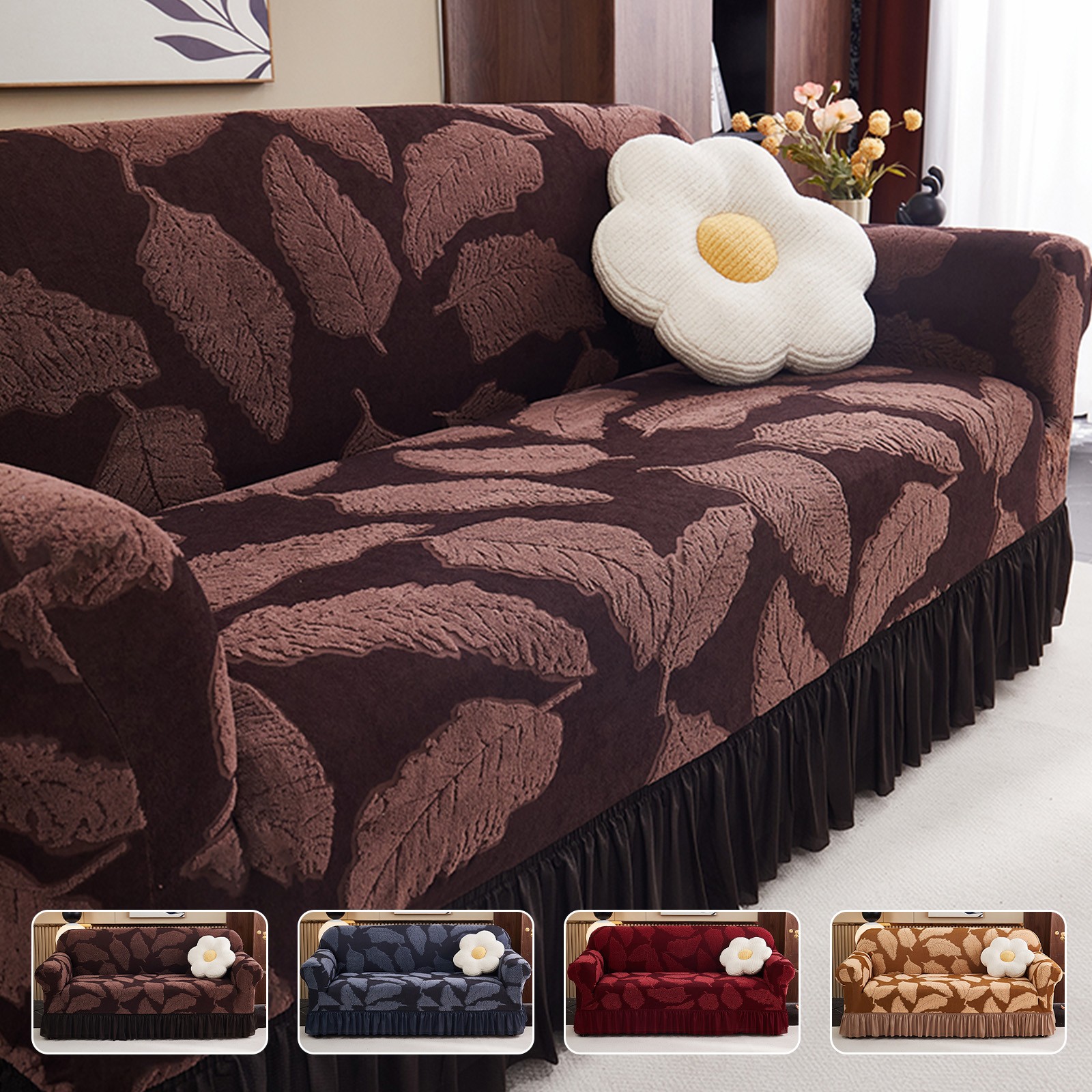 1/2/3/4 Seater Jaquard Sofa Cover w/ Skirt High Stretch Couch Protector Non Slip
