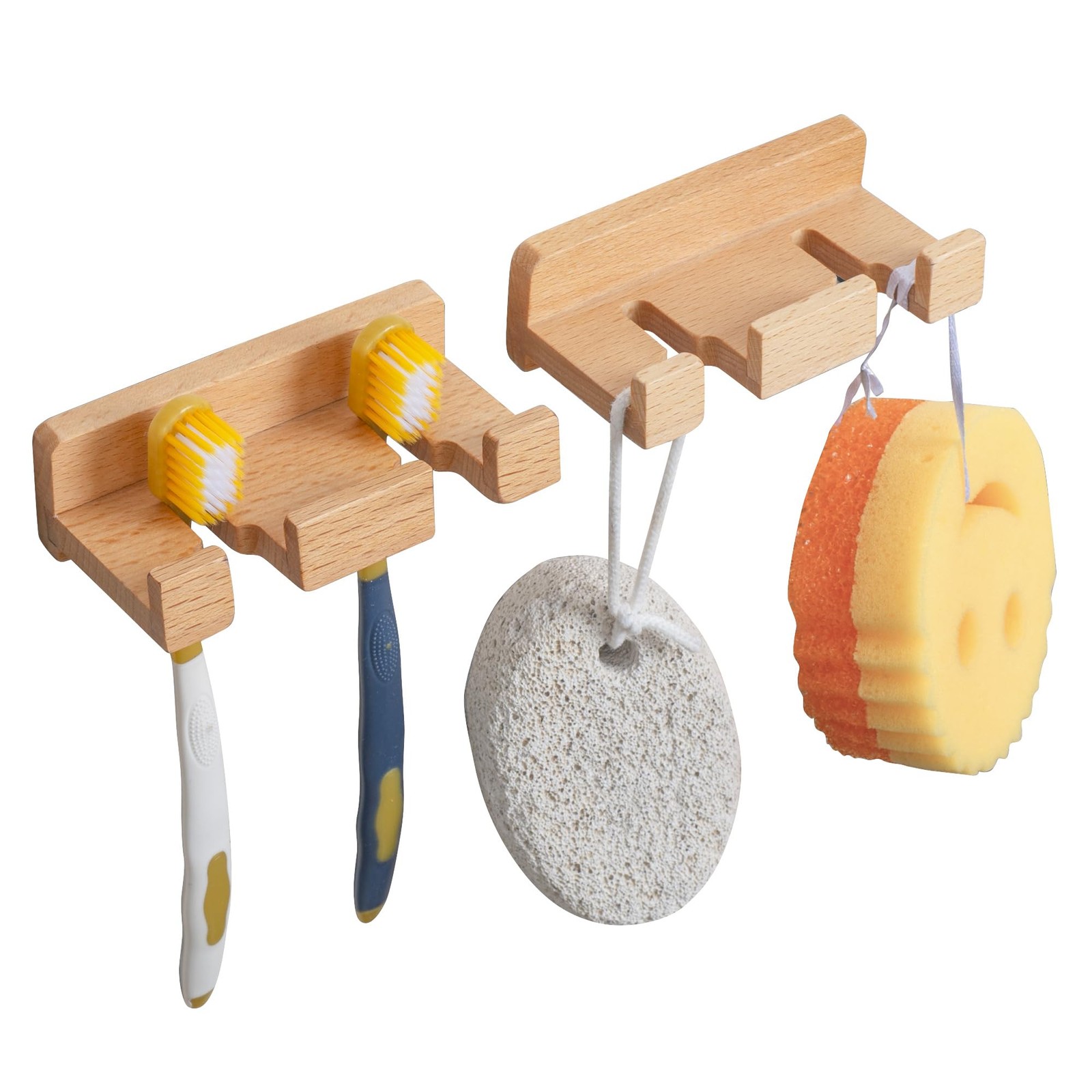 Beech Wood Wall Hooks (Set of 2) – No-Drill Adhesive Wooden Holders for Tooth...
