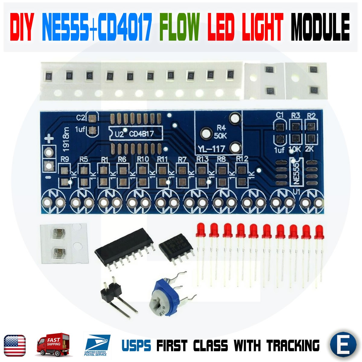 NE555+CD4017 Chaser Water Flowing Light LED Module DIY Soldering Practice Module