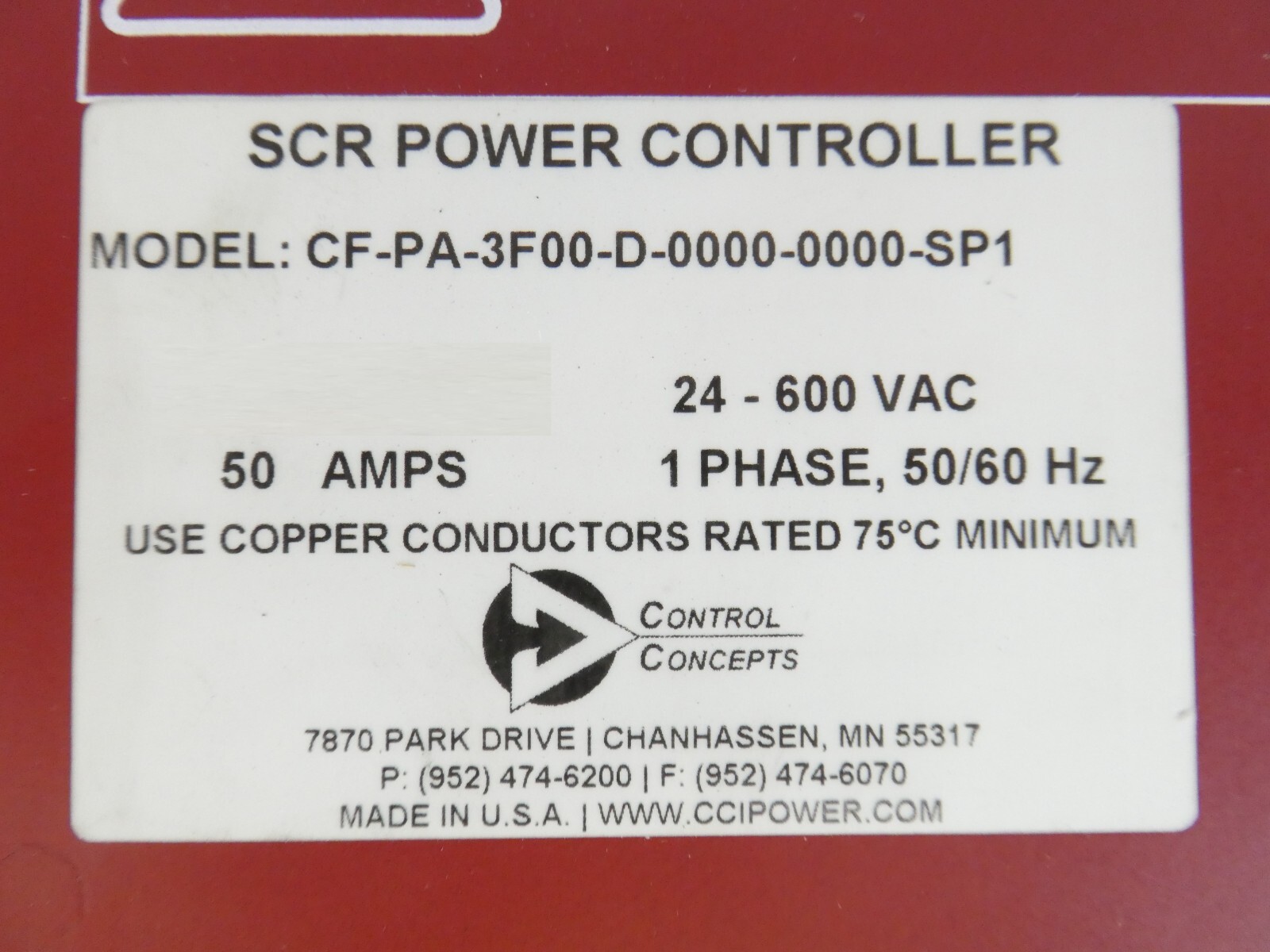Control Concepts CF-PA-3F00-D-0000-0000-SP1 SCR Power Controller Working Spare
