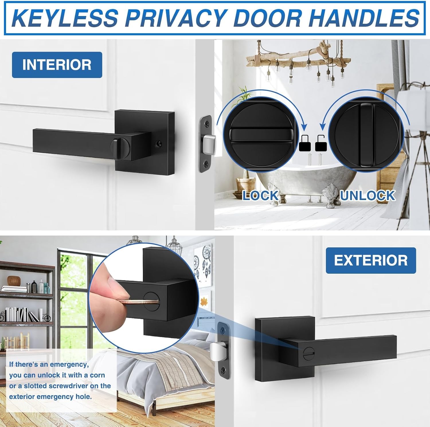 6 Pack Matte Black Door Handles, Keyless Interior Door Knobs