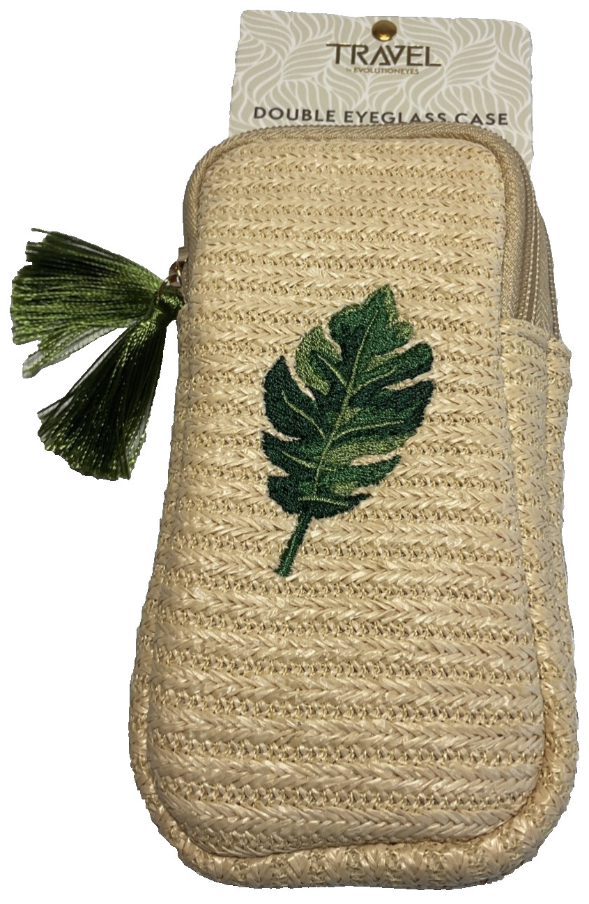 EVOLUTION EYES TRAVEL DOUBLE EYEGLASS CASE PALM LEAF 17 x 3 STRAW NWT