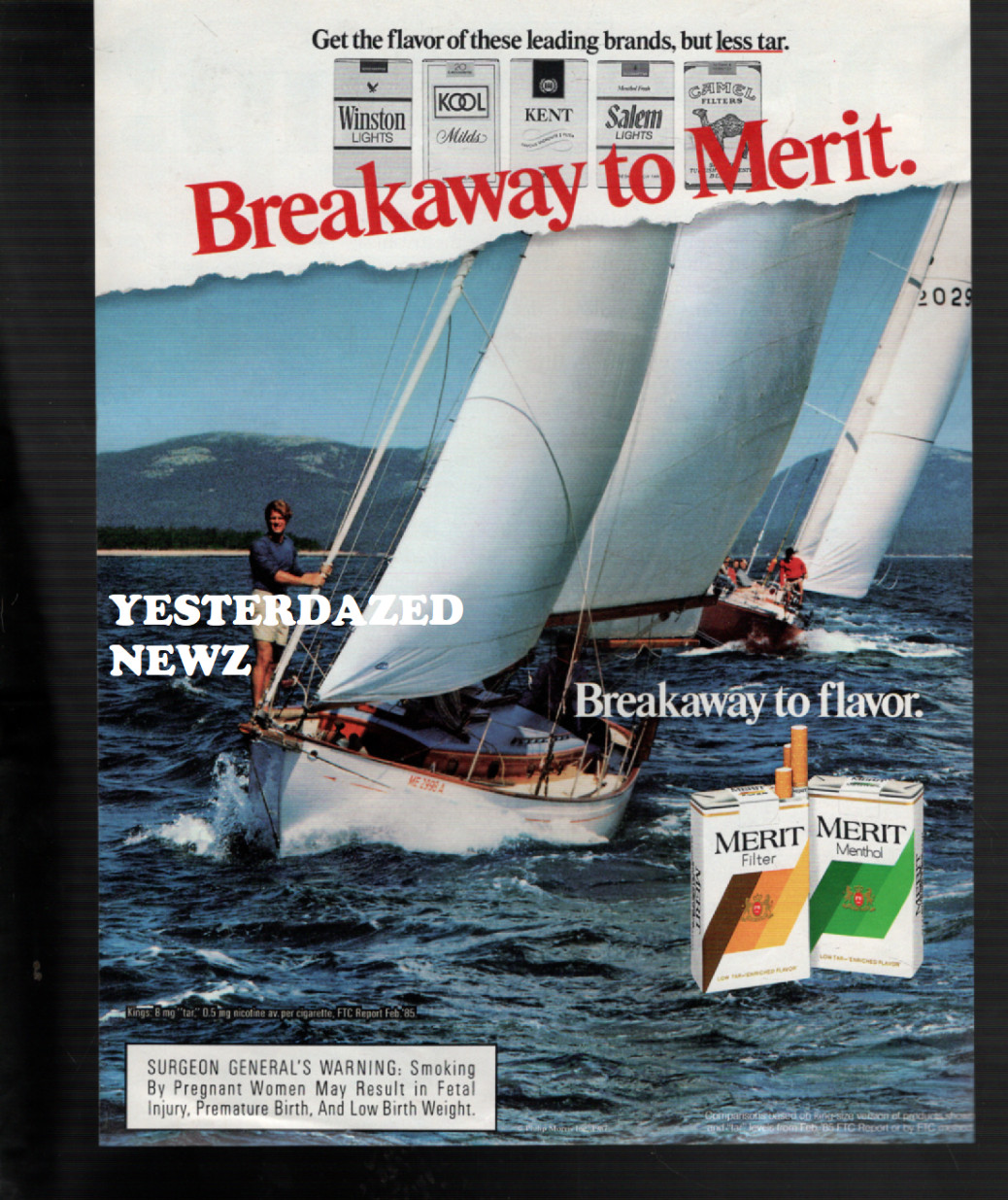 1987 Print ad for Merit Filter & Menthol Cigarettes "Breakaway to flavor"
