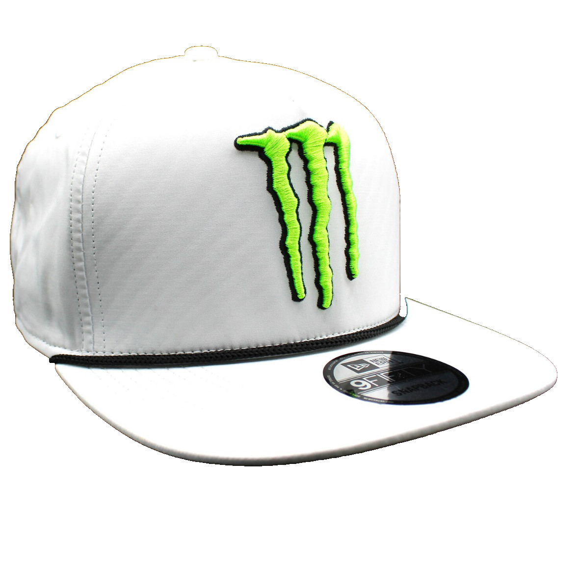 M-White Flat Brim Snapback Cap w/Black Rope. 3 Logos. BMX. MotoGP. Motocross.