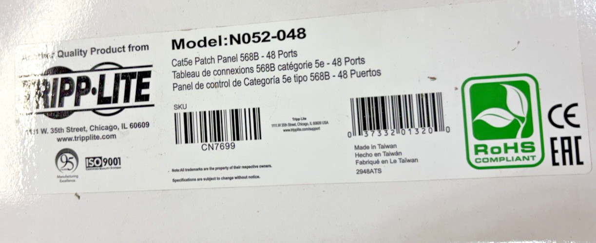Tripp Lite Cat5e Patch Panel 48-Port Ethernet RJ-45 N052-048