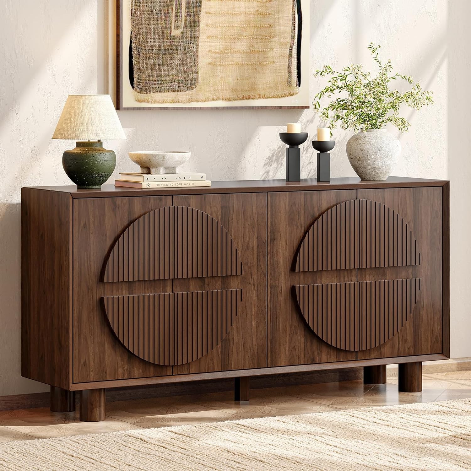 63 Inch Fluted Buffet Cabinet with Stora, Modern Arched