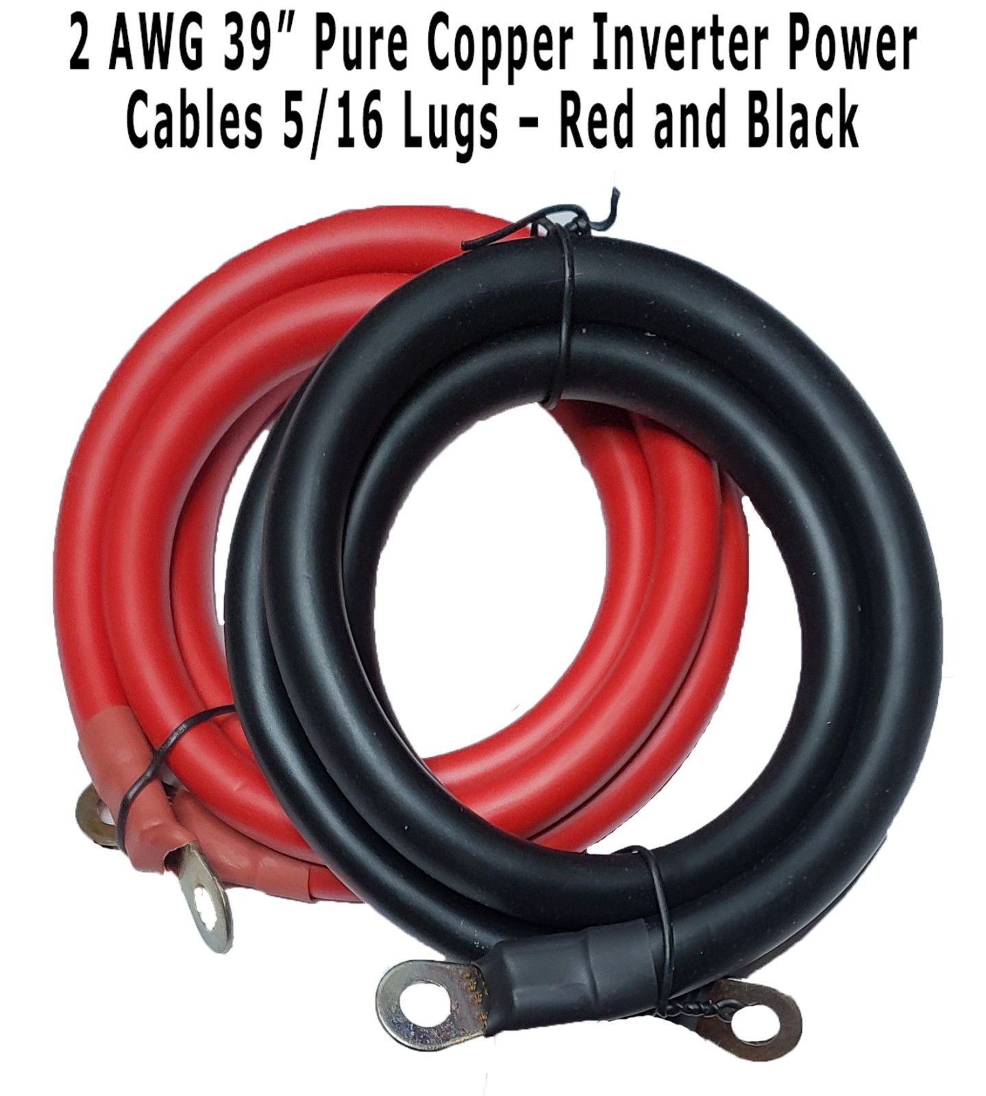 2 AWG Gauge 39" Copper Battery Cables 5/16" Insulated Lugs - Pair Black and Red