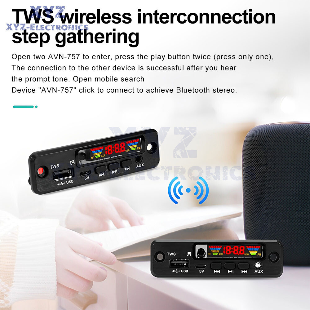 TWS Bluetooth 5.0 MP3 Decoder Board DC3.7-5V FM Radio MP3 Player Lossless Audio