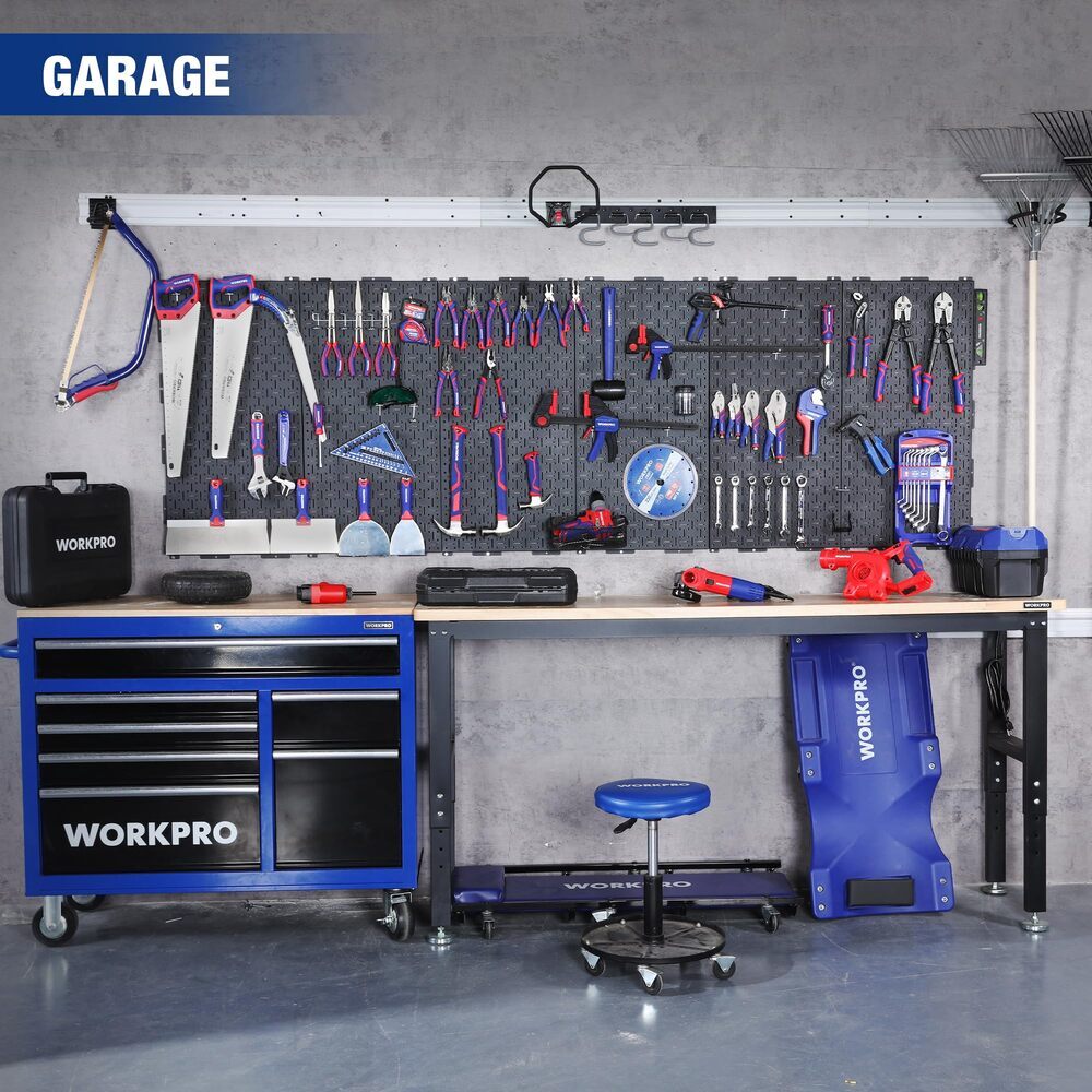 WORKPRO 48" Adjustable Workbench w/2 Pack 16"x32" Metal Pegboard Rubber Wood Top