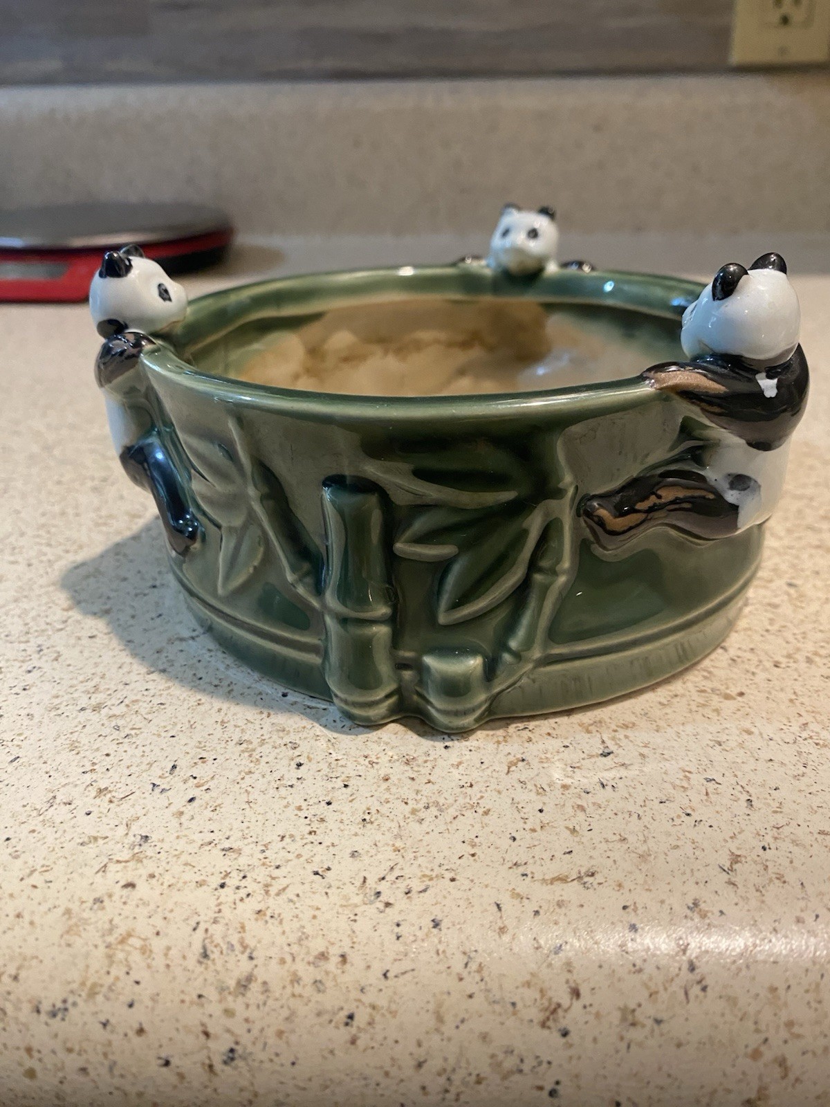 Vintage Majolica Planter Green Bamboo  3 Pandas 3D Embossed  Bowl
