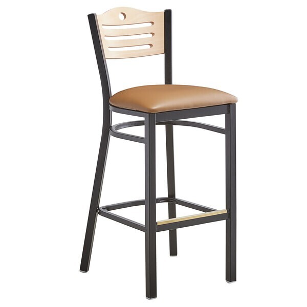 10 PACK Slat Back Metal Restaurant Barstool with Brown Vinyl & Natural Wood Back