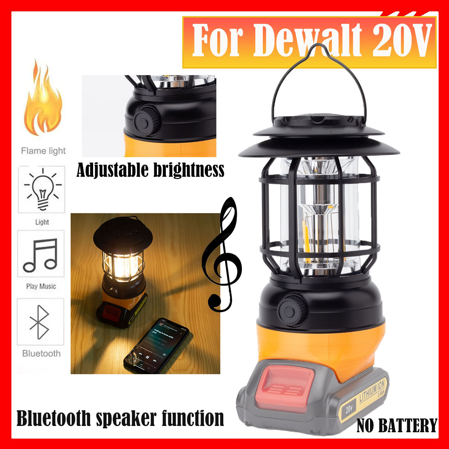 Portable LED Work Light w/Bluetooth Speaker For Dewalt 20V Camping Lantern US