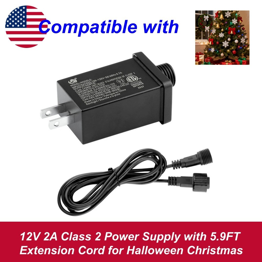 12V 2A Class 2 Power Supply with 5.9FT Extension Cord for Halloween Christmas