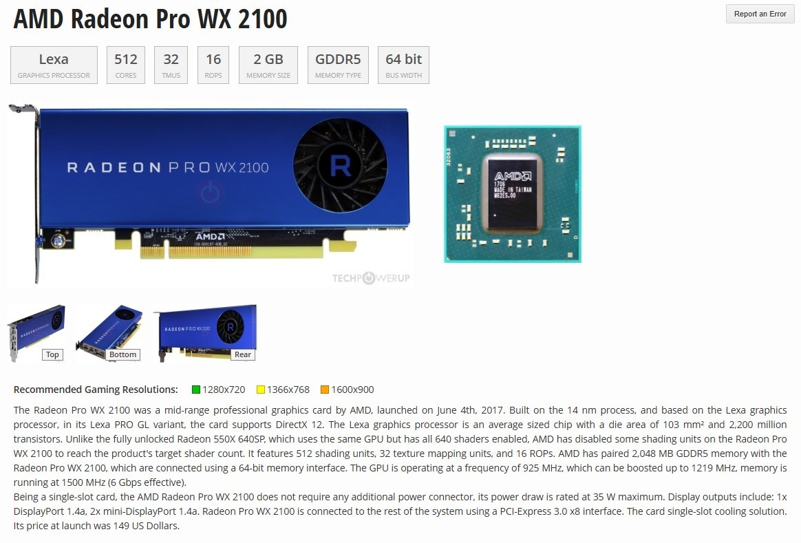 AMD Radeon Pro WX 2100 2GB GDDR5 Graphics Card✅DisplayPort 2x mDP✅LOW Profile