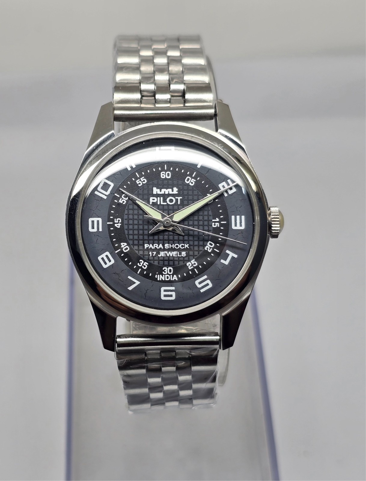 Vintage Hmt Pilot Black Dial 17 Jewels Mechanical hand winding Transparent Back