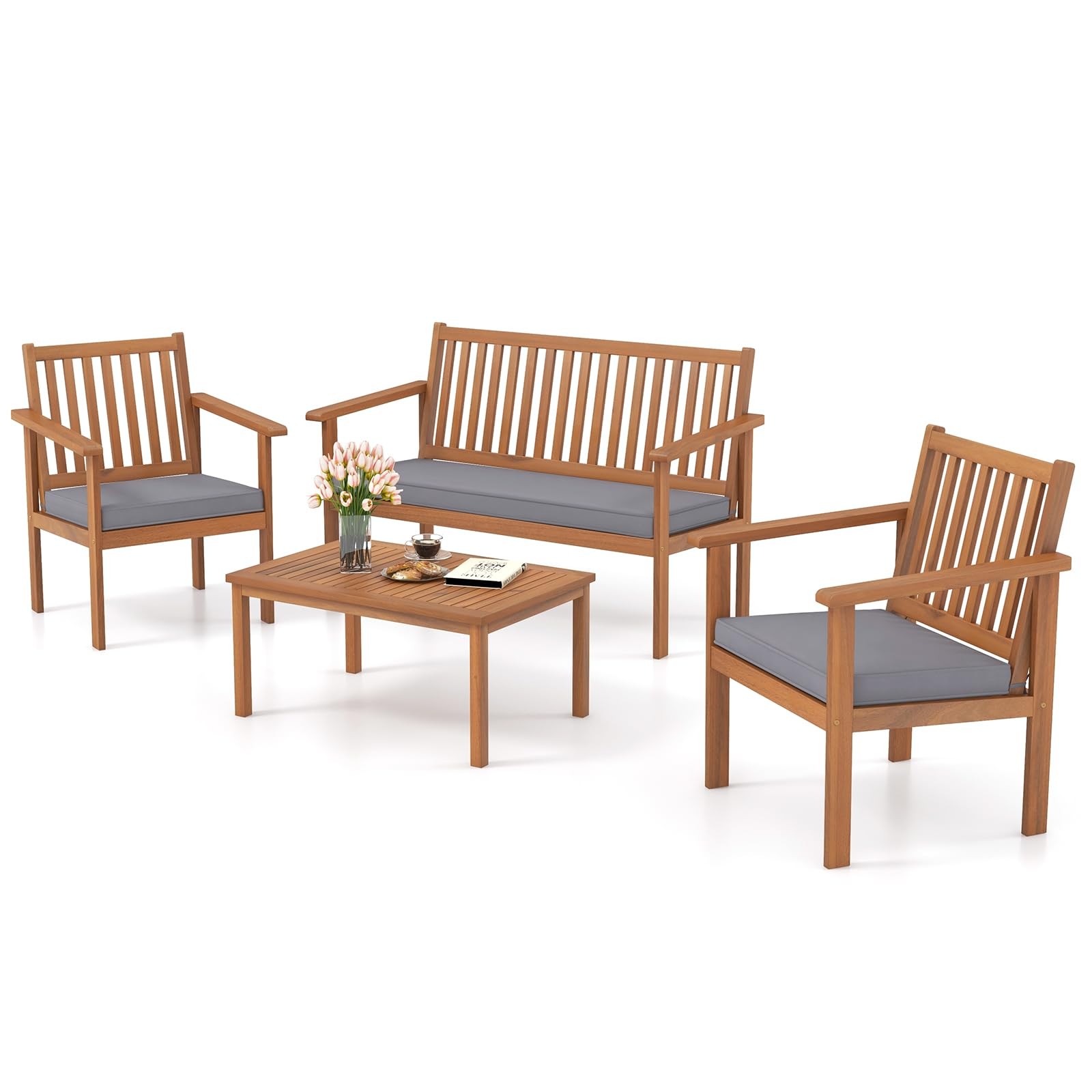 4 Piece Patio Wood Furniture Set, Acacia Wood Sofa Set w/Loveseat, 2 Chairs &...