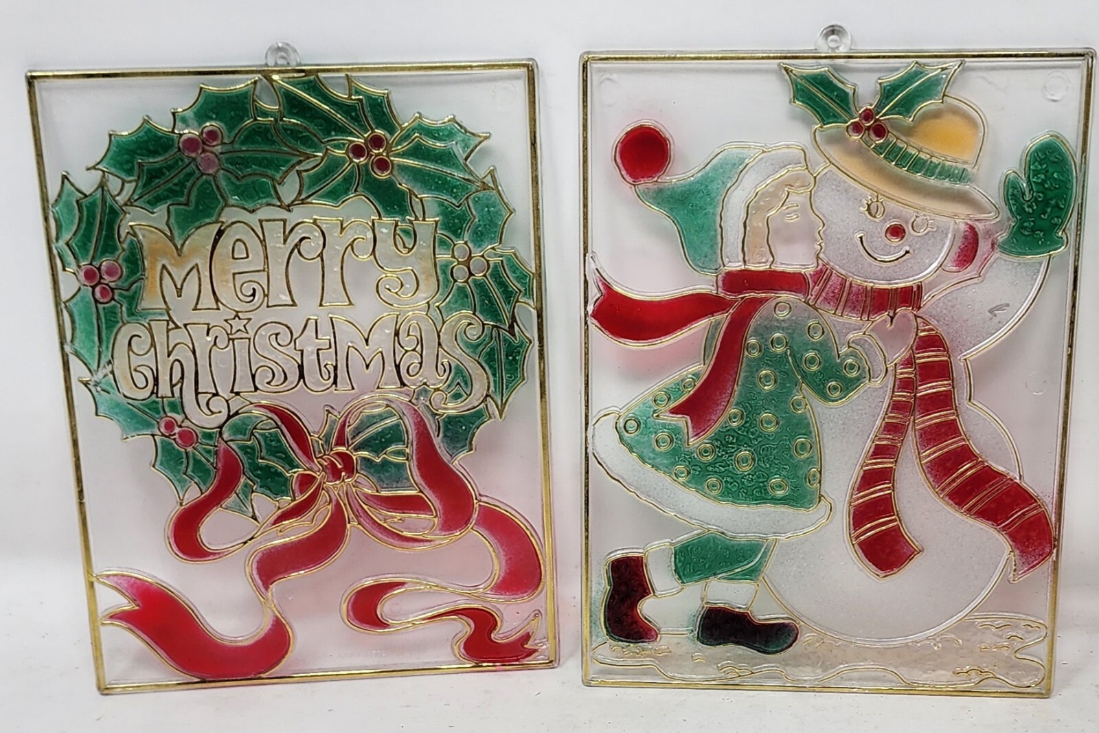 Vtg Lot Of 2 Christmas Suncatchers Mr & Mrs Claus & Wreath Stainless 7.25"x5.5"