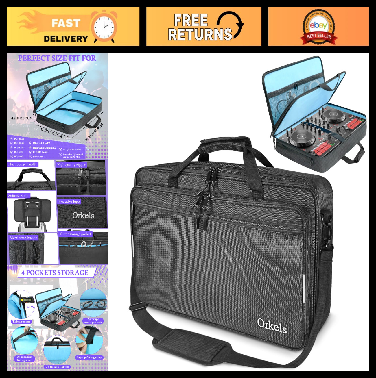 DJ Controller Bag for FLX4, REV1, DDJ SB3, 200 MK2 - 21.6''Lx13''Wx4.7''H, Durab
