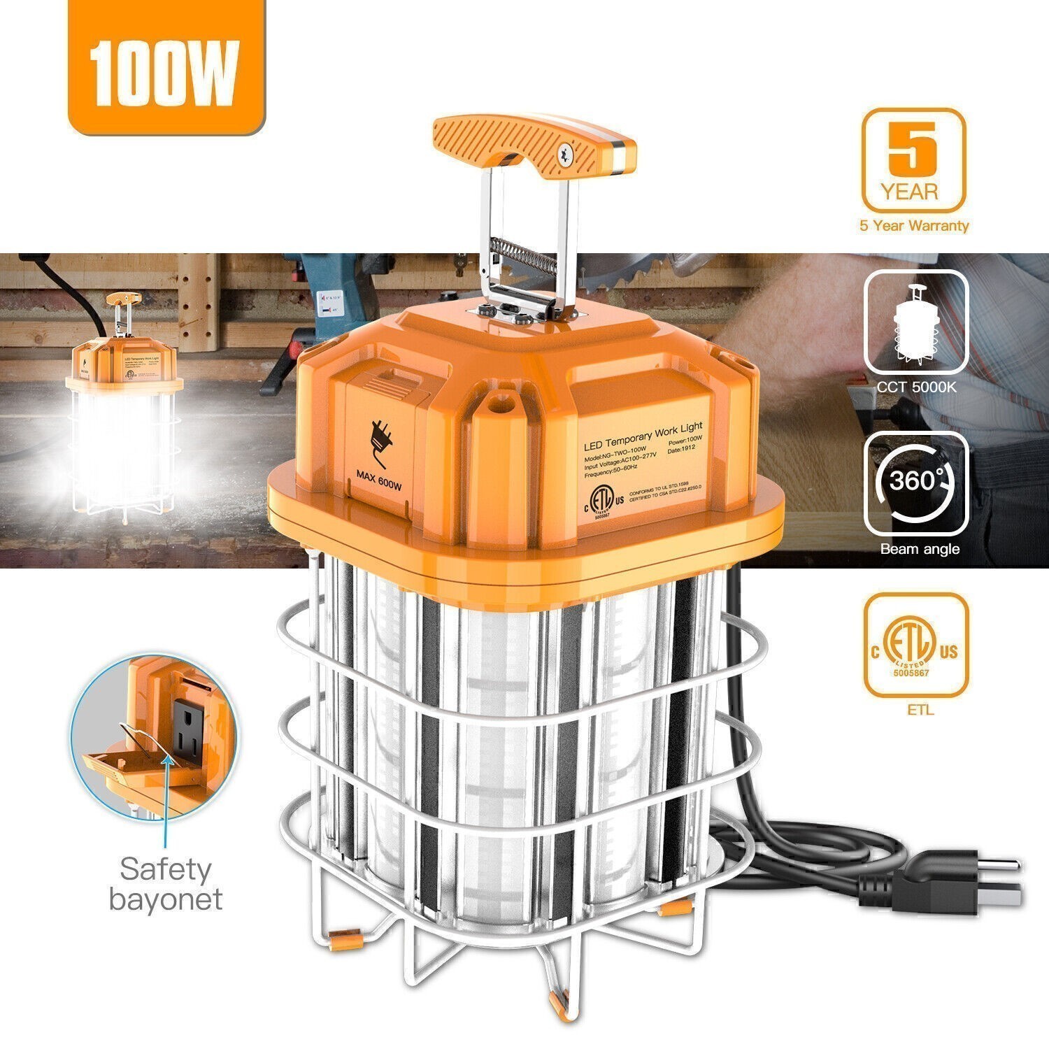 Linkable 100W High Bay Construction Light Temporary Area Jobsite Work Light ETL