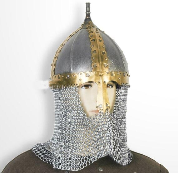 Functional Medieval Russian Helmet 16 Gauge Steel with Chainmail Camail SCA