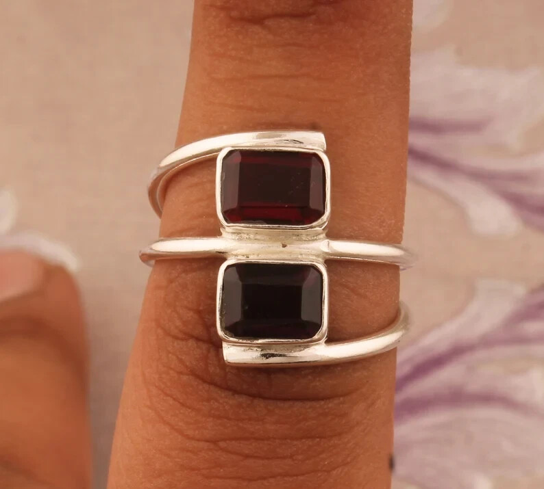 Natural Red Garnet Baguette Cut Stone Solid 925 Sterling Silver Ring , All Size