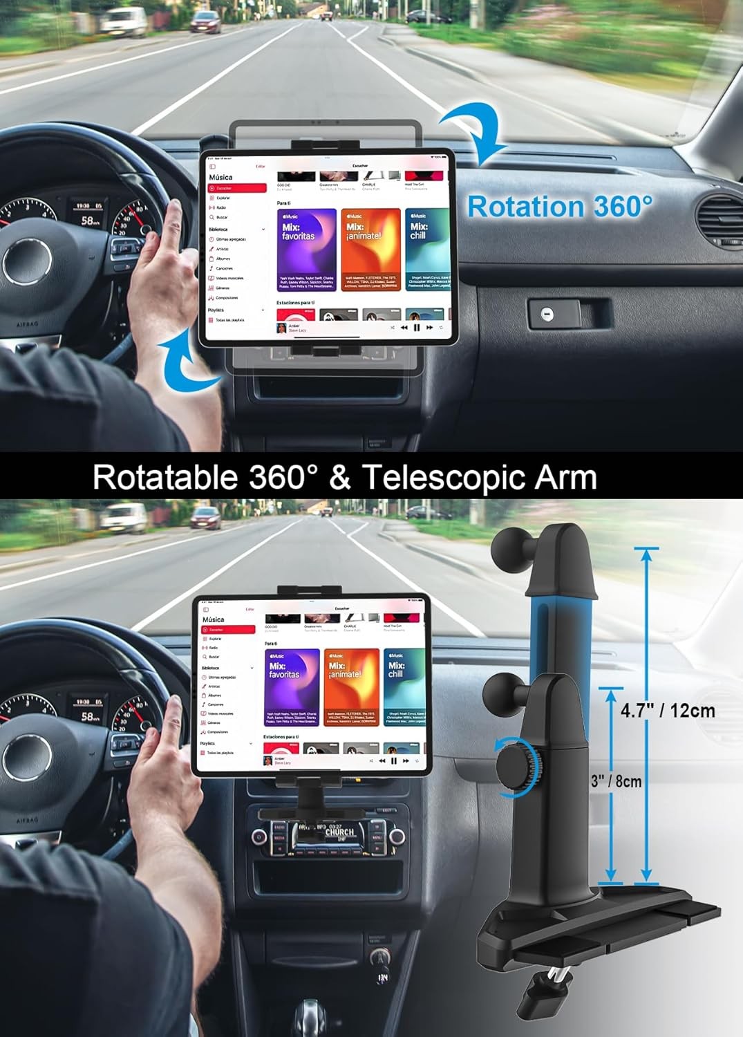 CD Tablet Holder Height Adjustable CD Slot Tablet Mount for Car Telescopic Arm