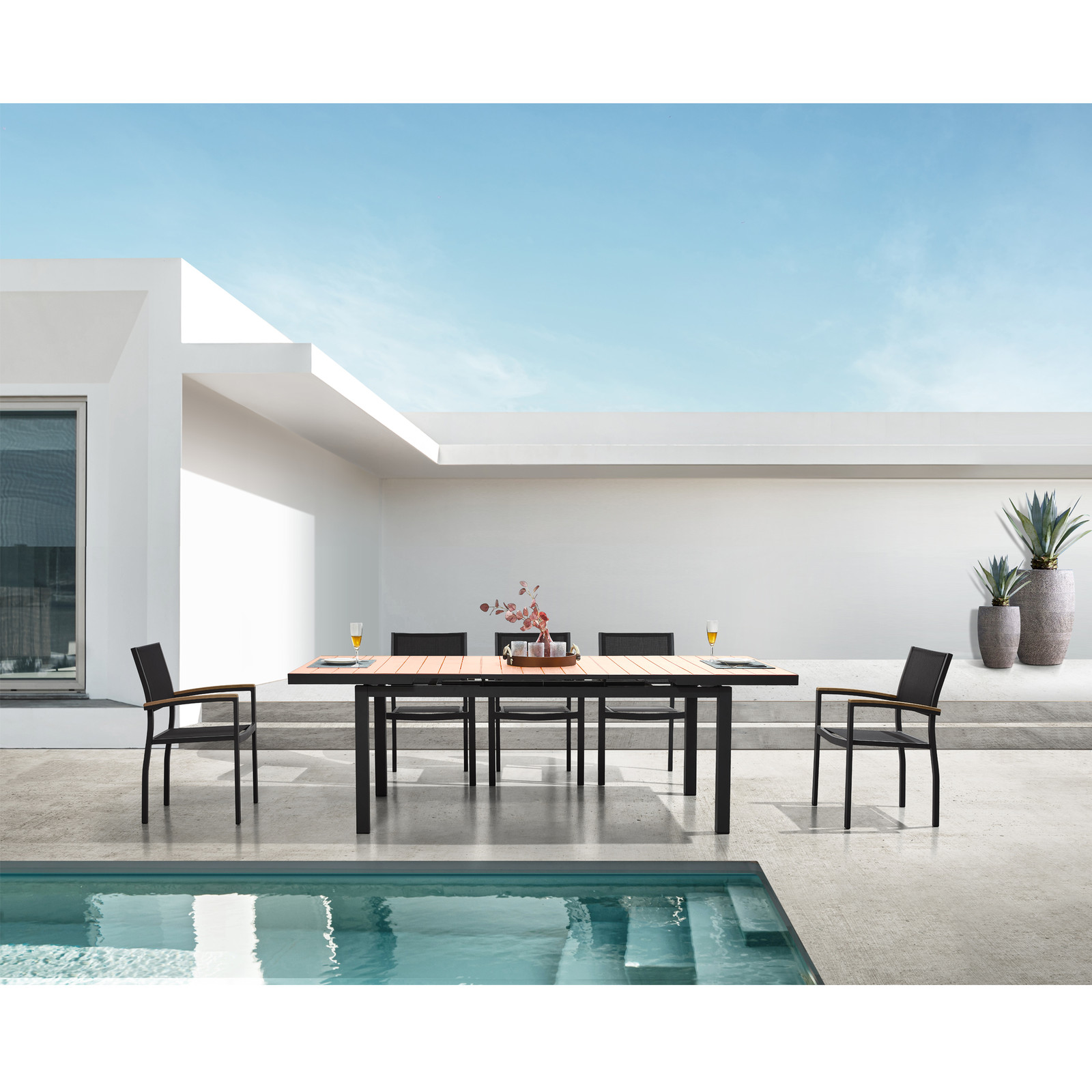 HIGOLD Carlo 8+1 pieces extendable Outdoor Dining set, Faux Wood Slats Tabletop