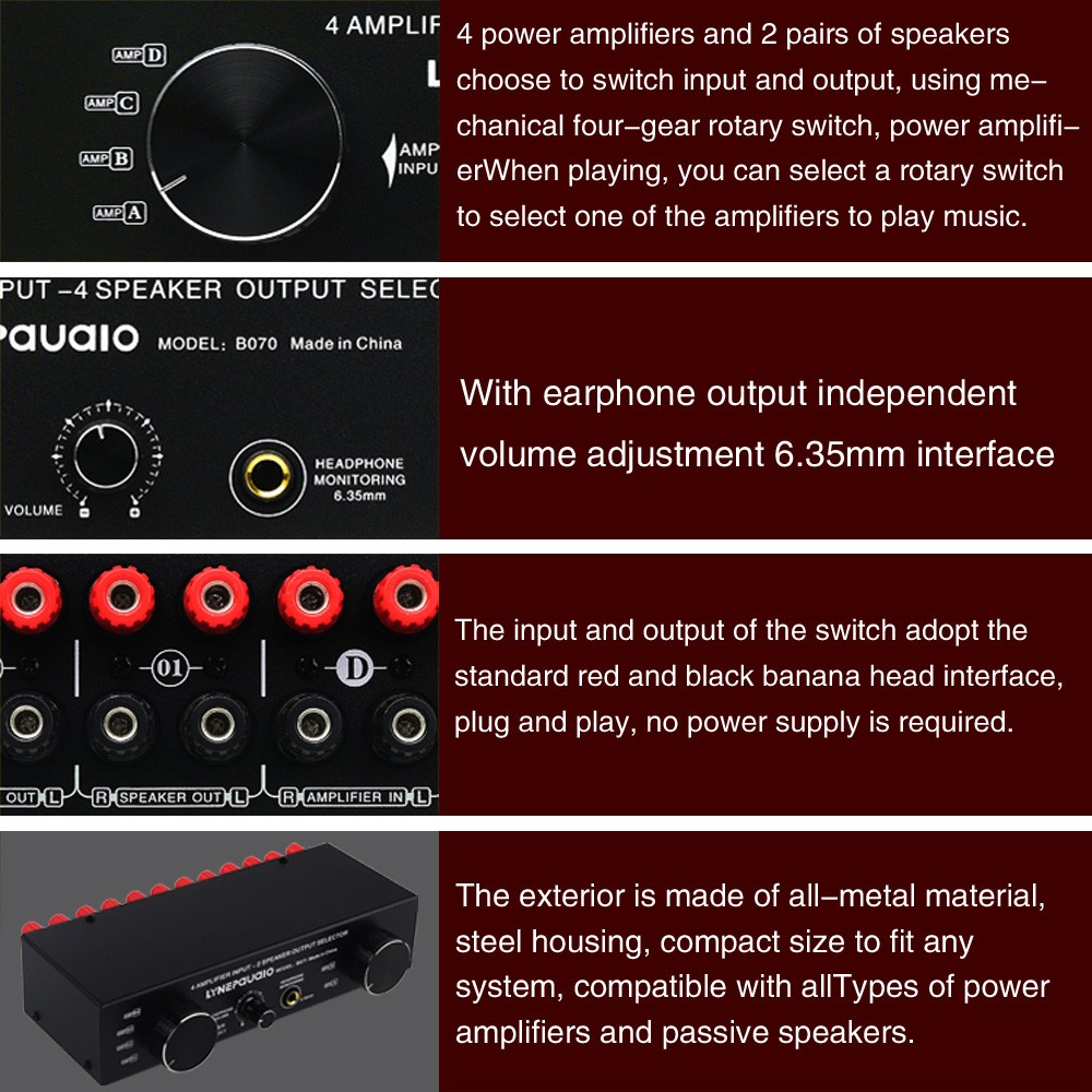 LYNEPaUalO Amplifier Speaker Selector Switch Switcher 4 Input 2 Output Or 2 In 4
