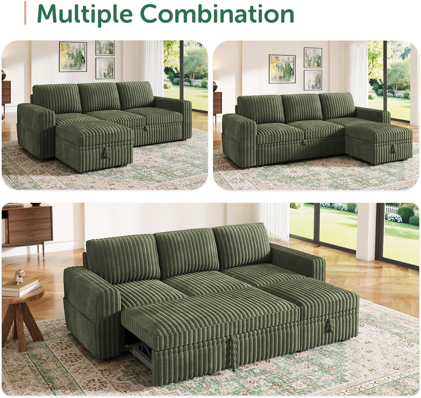 Modular Sectional Sofa with Pull Out Bed,Corduroy L Shaped Sleeper Sofa with Sto