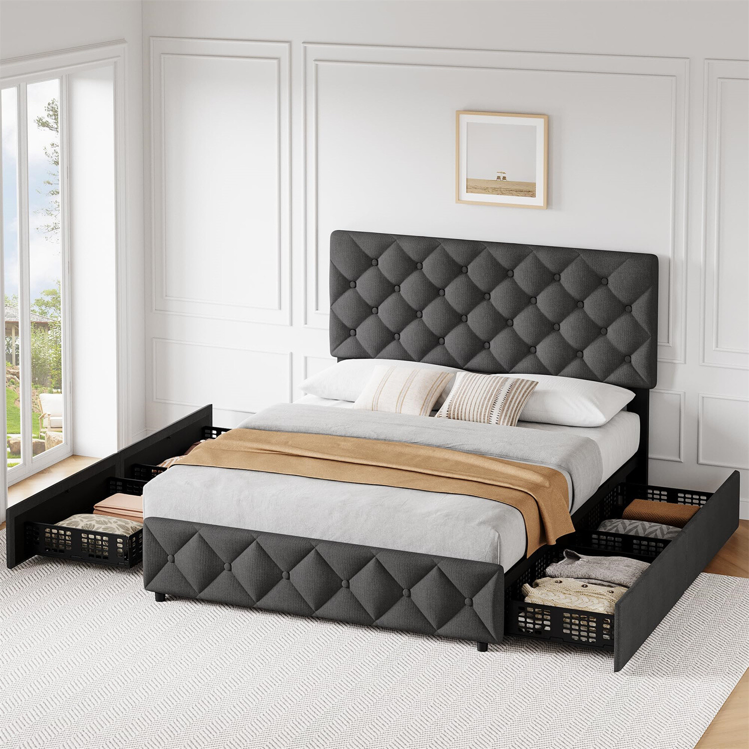 ⏯✅4 Storage Drawers and Headboard Queen Bed Frame Upholstered Platform Bed Frame