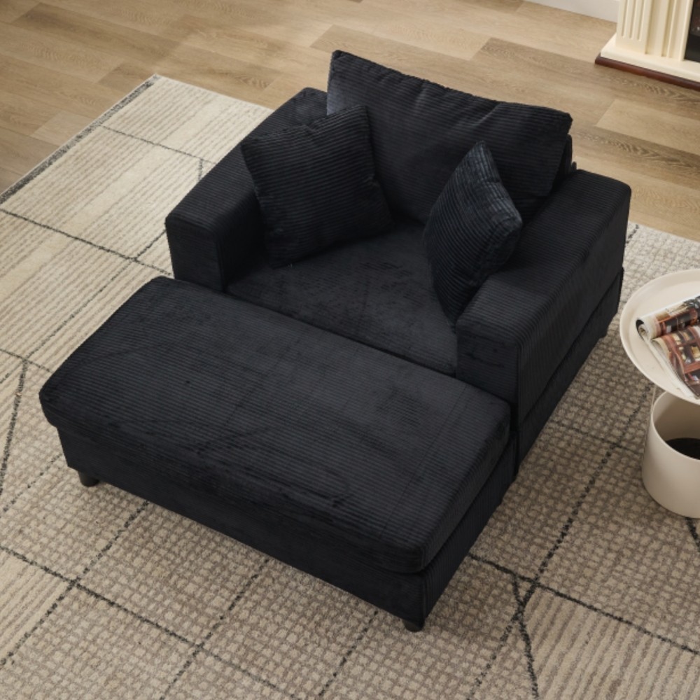 Modern Chaise Lounge Chair w/ Removable Ottoman & Pillows, Black Corduroy