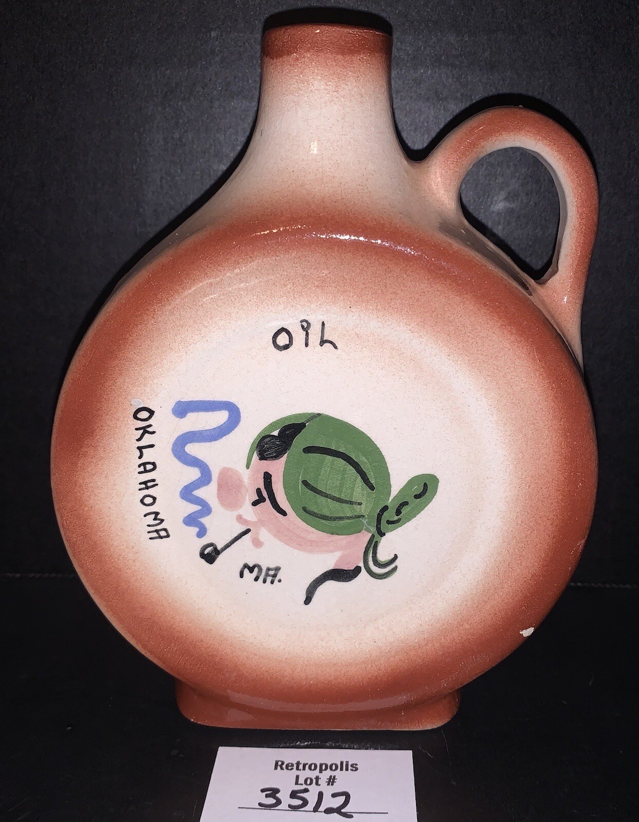 Oklahoma CORN LIKKER Glazed Oil Jug LADY SMOKING PIPE Signed MA Vintage
