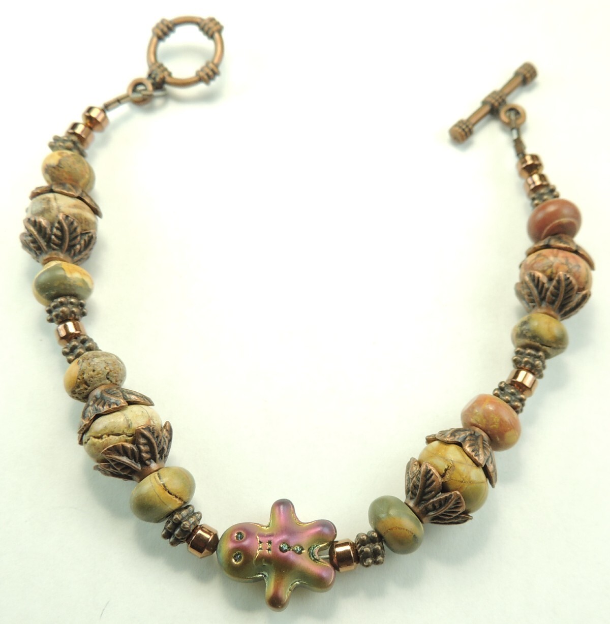 Red Creek Jasper Bracelet with Gingerbread Lampwork  & Hematite Handmade Jewelry