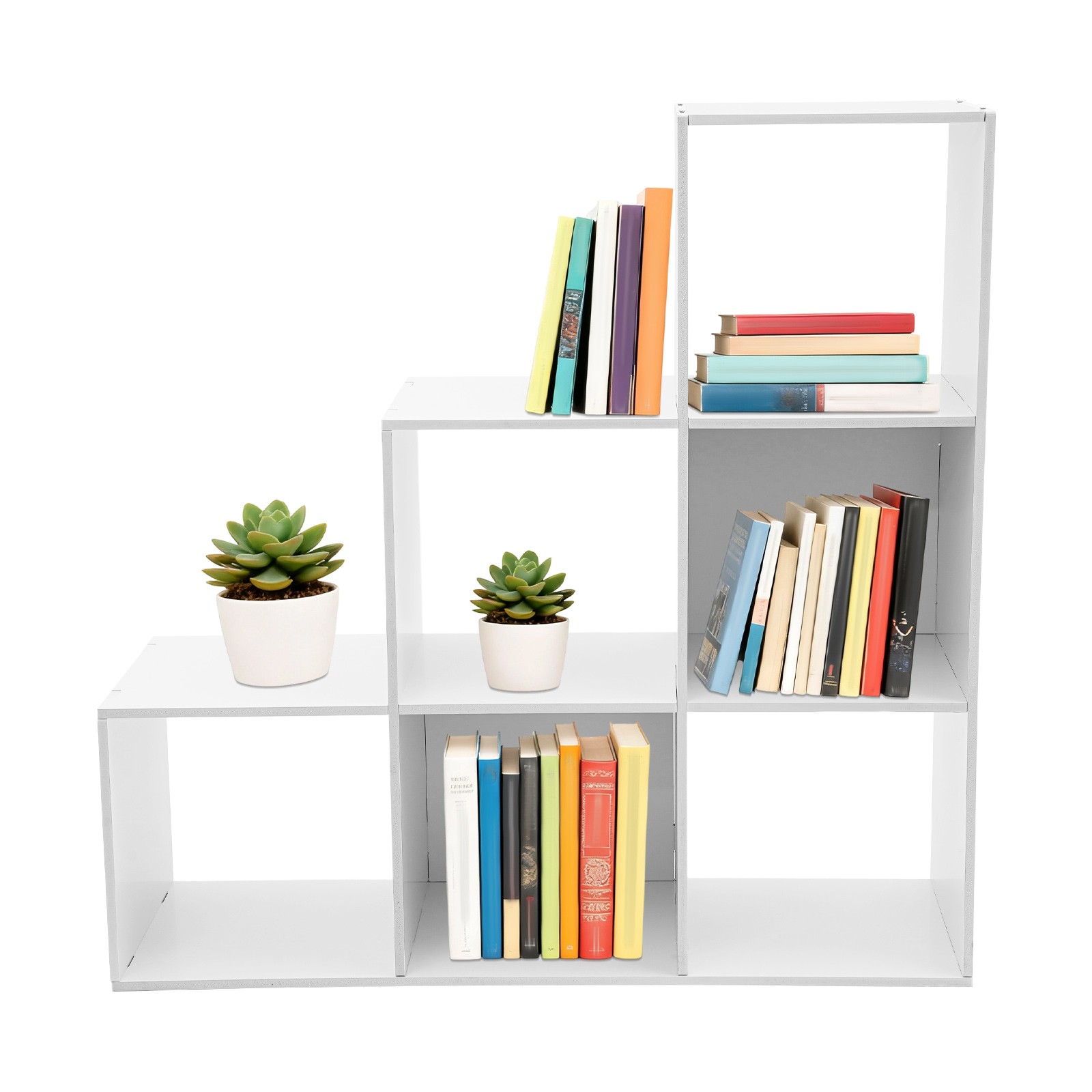 L-Shaped Storage Bookcase 6-cube Stepped Corner Shelf Book Rack for Home/Office