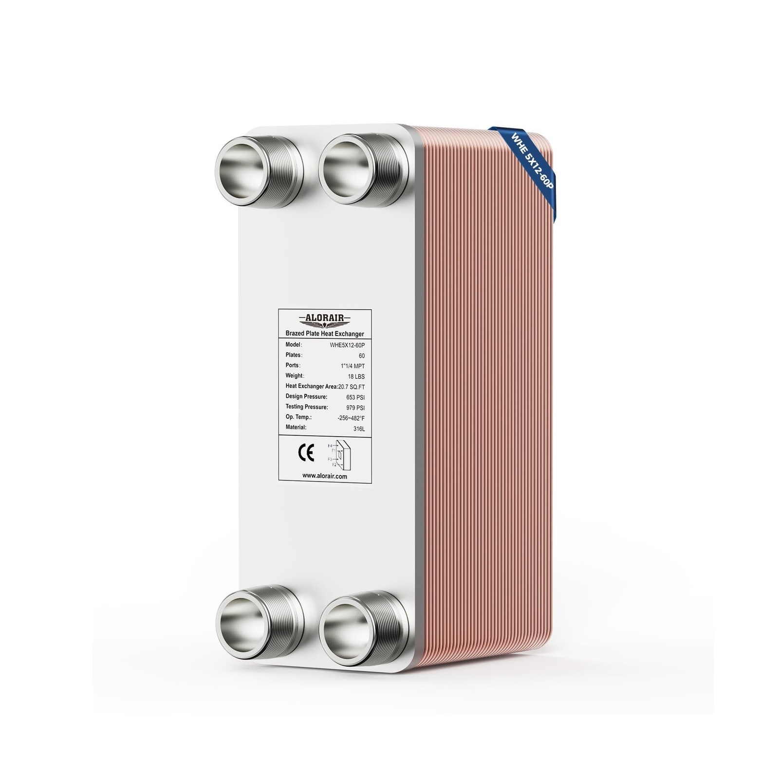 ALORAIR 5"x12" 60 Plates Heat Exchanger with 1-1/4" MPT Port,316L Stainless S...